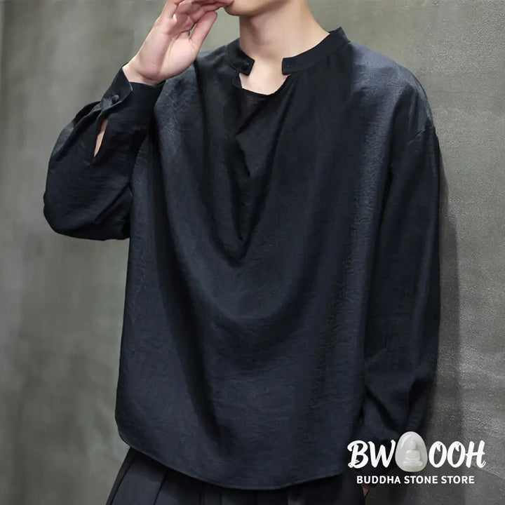 Buddha Stones Spring Solid Color Pleated Stand Collar Design Tang Suit Men’s Long Sleeve Linen Shirt - Men’s Shirts