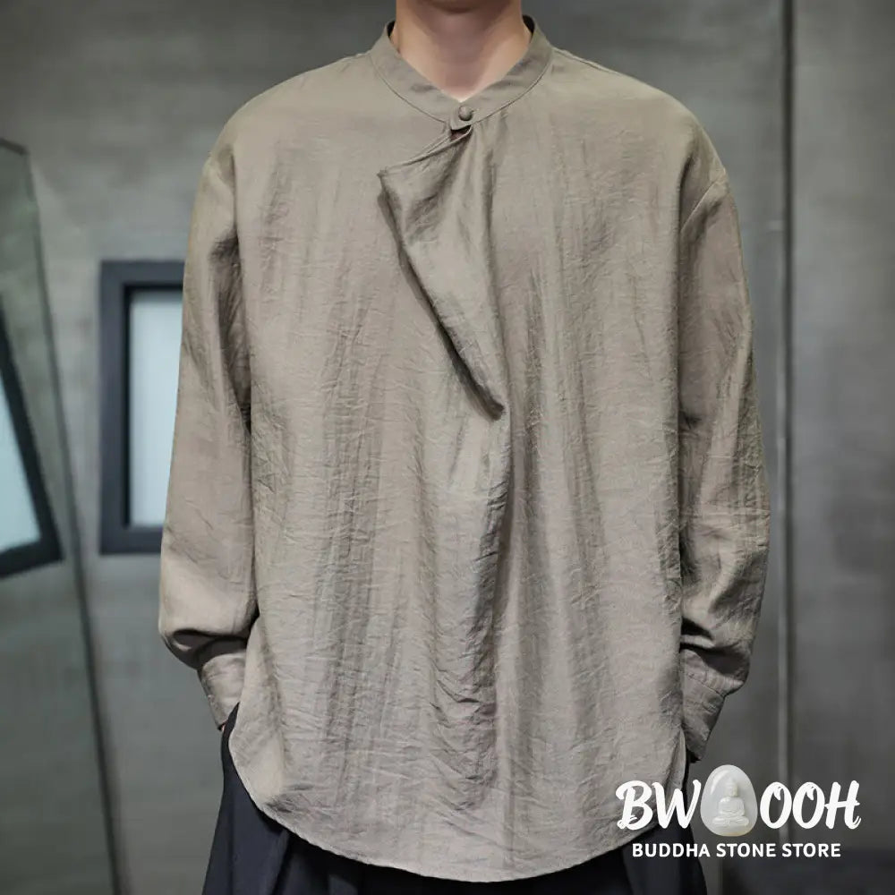 Buddha Stones Spring Solid Color Pleated Stand Collar Design Tang Suit Men’s Long Sleeve Linen Shirt - Men’s Shirts