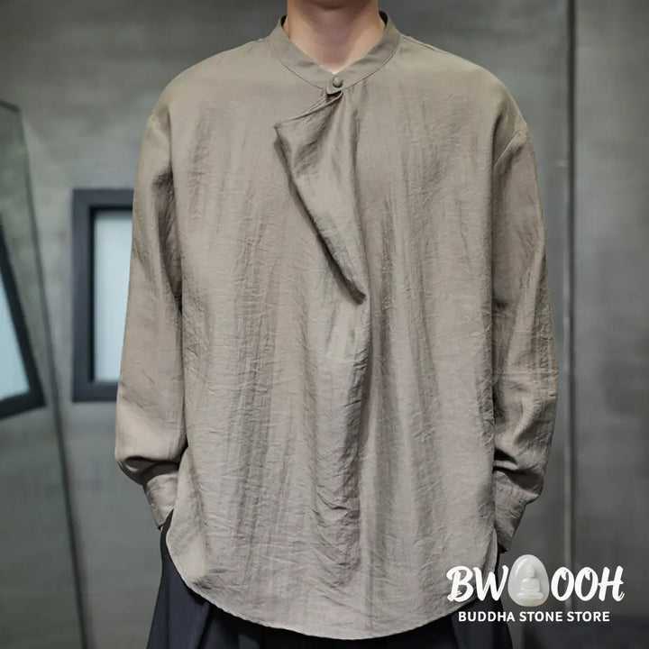Buddha Stones Spring Solid Color Pleated Stand Collar Design Tang Suit Men’s Long Sleeve Linen Shirt - Men’s Shirts
