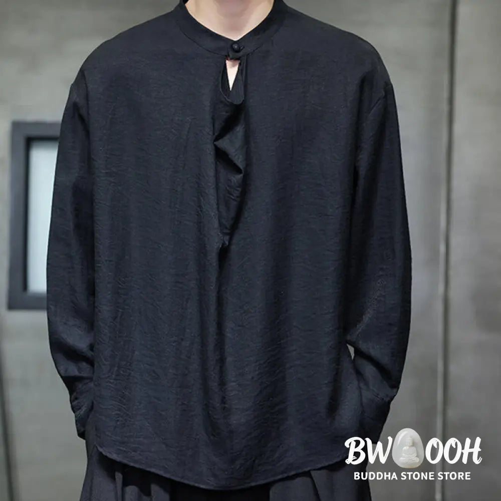 Buddha Stones Spring Solid Color Pleated Stand Collar Design Tang Suit Men’s Long Sleeve Linen Shirt - Men’s Shirts
