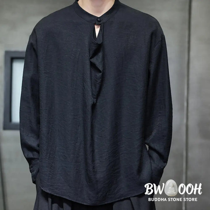 Buddha Stones Spring Solid Color Pleated Stand Collar Design Tang Suit Men’s Long Sleeve Linen Shirt - Men’s Shirts