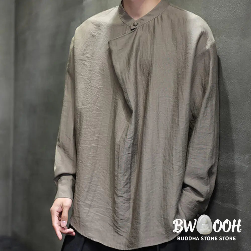 Buddha Stones Spring Solid Color Pleated Stand Collar Design Tang Suit Men’s Long Sleeve Linen Shirt - Men’s Shirts