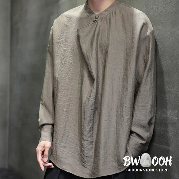 Buddha Stones Spring Solid Color Pleated Stand Collar Design Tang Suit Men’s Long Sleeve Linen Shirt - Men’s Shirts