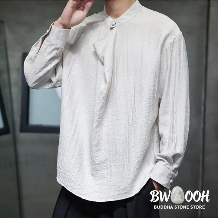 Buddha Stones Spring Solid Color Pleated Stand Collar Design Tang Suit Men’s Long Sleeve Linen Shirt - Men’s Shirts