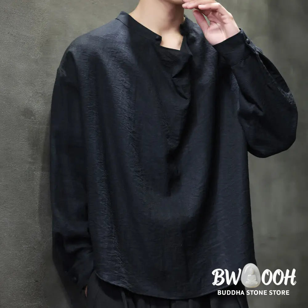 Buddha Stones Spring Solid Color Pleated Stand Collar Design Tang Suit Men’s Long Sleeve Linen Shirt - Men’s Shirts