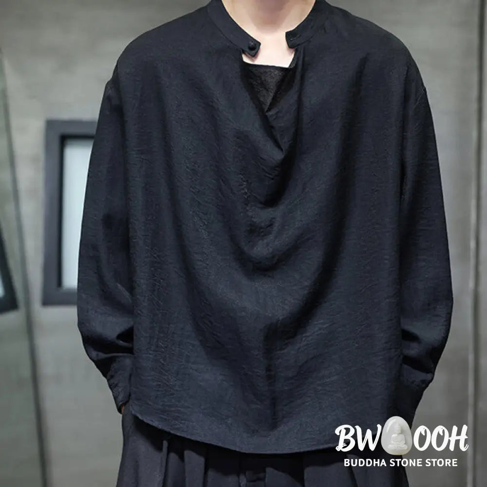 Buddha Stones Spring Solid Color Pleated Stand Collar Design Tang Suit Men’s Long Sleeve Linen Shirt - Men’s Shirts