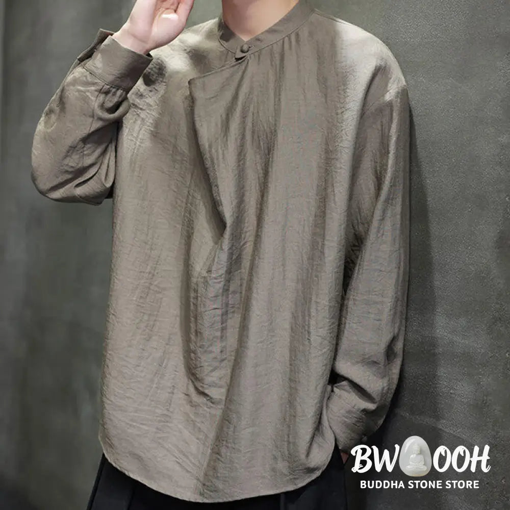 Buddha Stones Spring Solid Color Pleated Stand Collar Design Tang Suit Men’s Long Sleeve Linen Shirt - Men’s Shirts