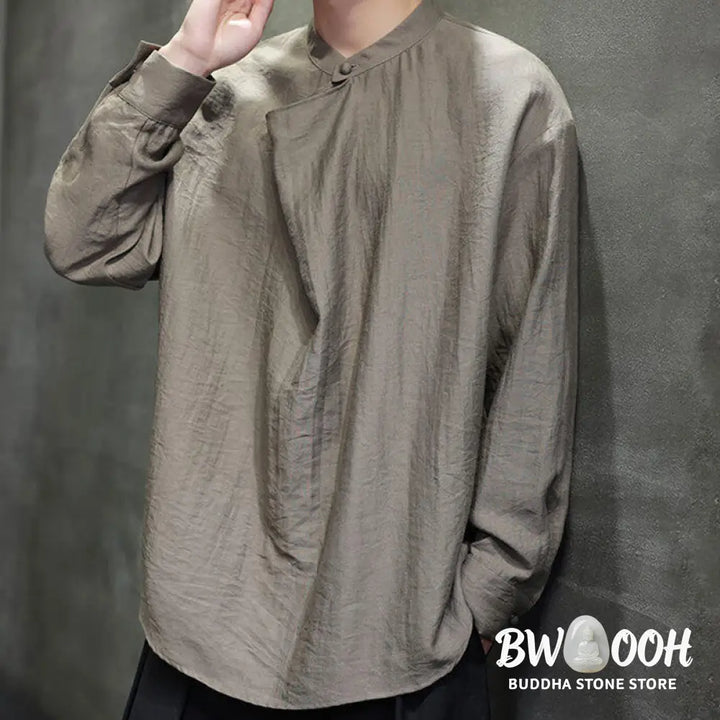 Buddha Stones Spring Solid Color Pleated Stand Collar Design Tang Suit Men’s Long Sleeve Linen Shirt - Men’s Shirts