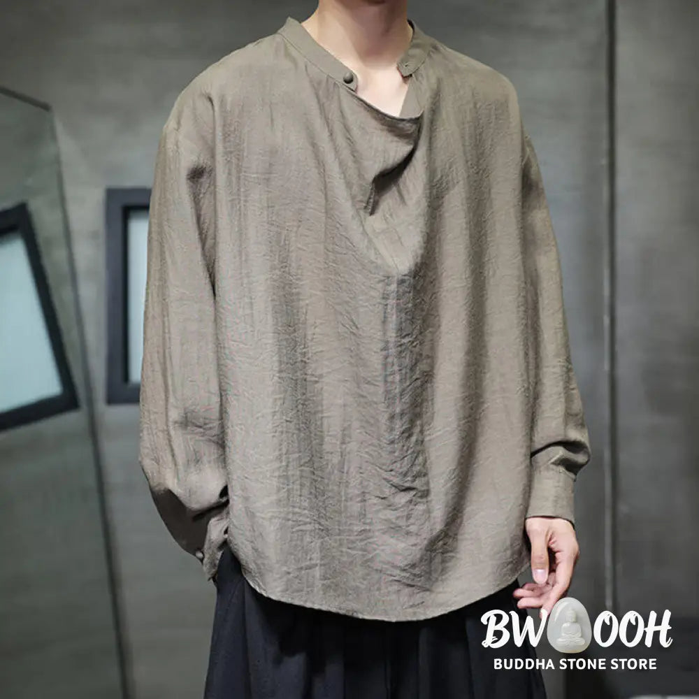 Buddha Stones Spring Solid Color Pleated Stand Collar Design Tang Suit Men’s Long Sleeve Linen Shirt - Men’s Shirts