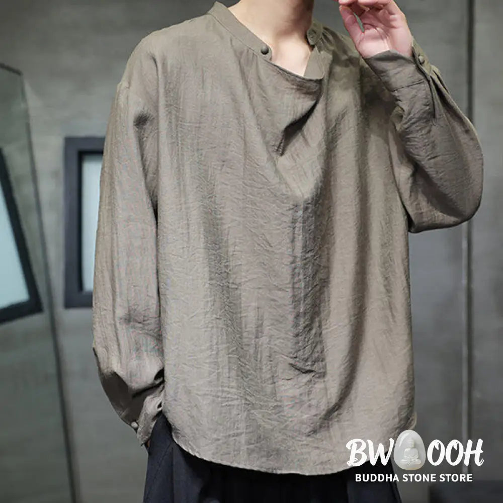 Buddha Stones Spring Solid Color Pleated Stand Collar Design Tang Suit Men’s Long Sleeve Linen Shirt - Men’s Shirts