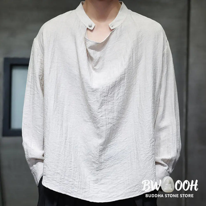 Buddha Stones Spring Solid Color Pleated Stand Collar Design Tang Suit Men’s Long Sleeve Linen Shirt - Men’s Shirts