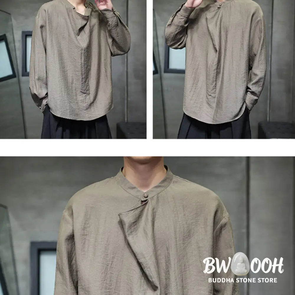 Buddha Stones Spring Solid Color Pleated Stand Collar Design Tang Suit Men’s Long Sleeve Linen Shirt - Men’s Shirts