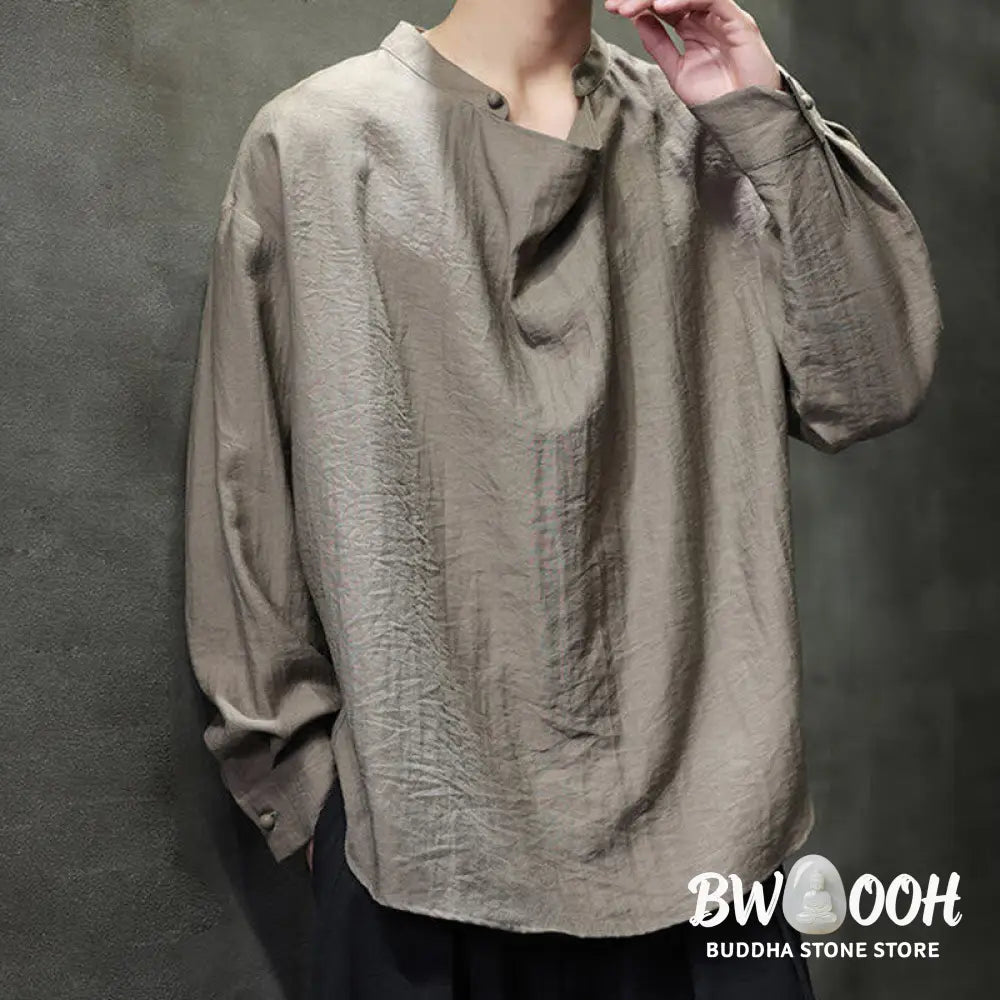 Buddha Stones Spring Solid Color Pleated Stand Collar Design Tang Suit Men’s Long Sleeve Linen Shirt - Men’s Shirts