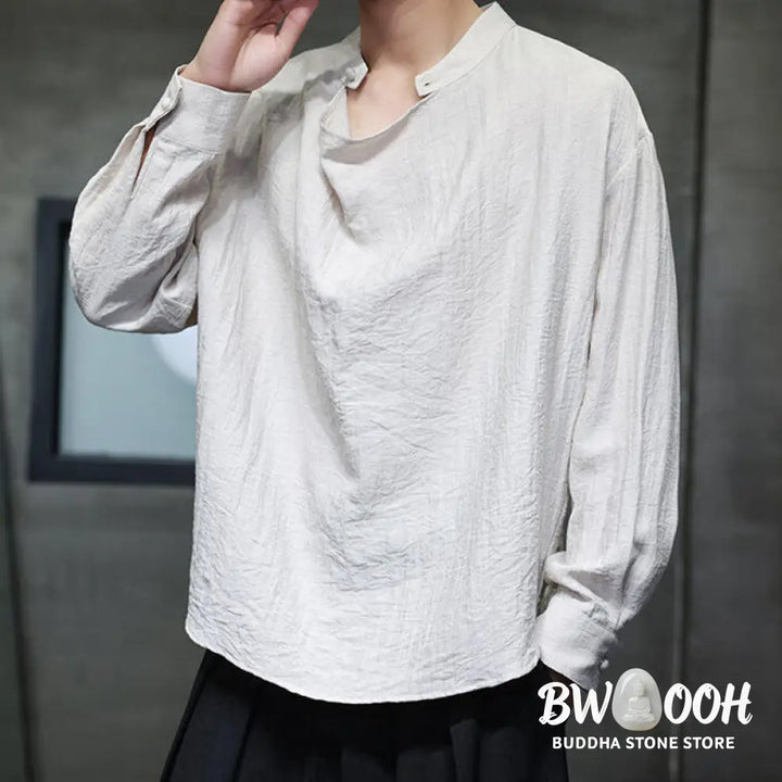 Buddha Stones Spring Solid Color Pleated Stand Collar Design Tang Suit Men’s Long Sleeve Linen Shirt - Men’s Shirts