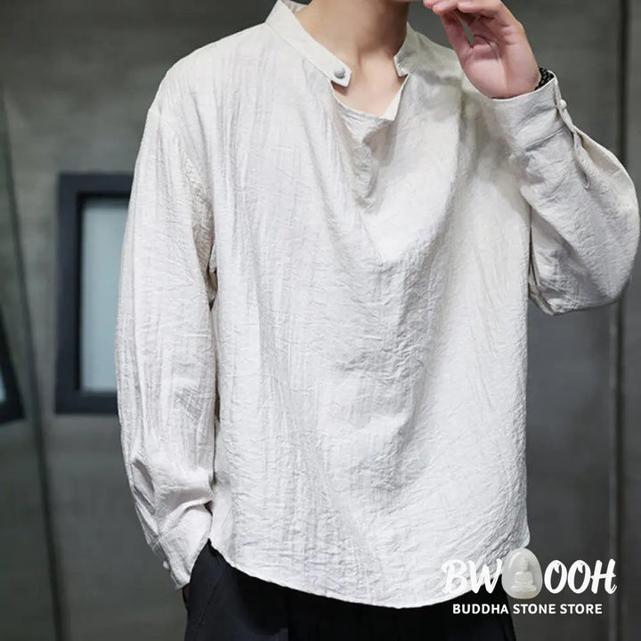 Buddha Stones Spring Solid Color Pleated Stand Collar Design Tang Suit Men’s Long Sleeve Linen Shirt - Men’s Shirts