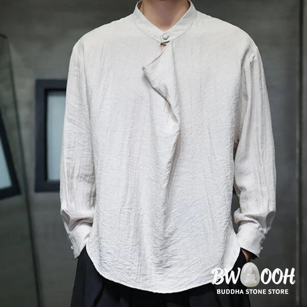 Buddha Stones Spring Solid Color Pleated Stand Collar Design Tang Suit Men’s Long Sleeve Linen Shirt - Men’s Shirts