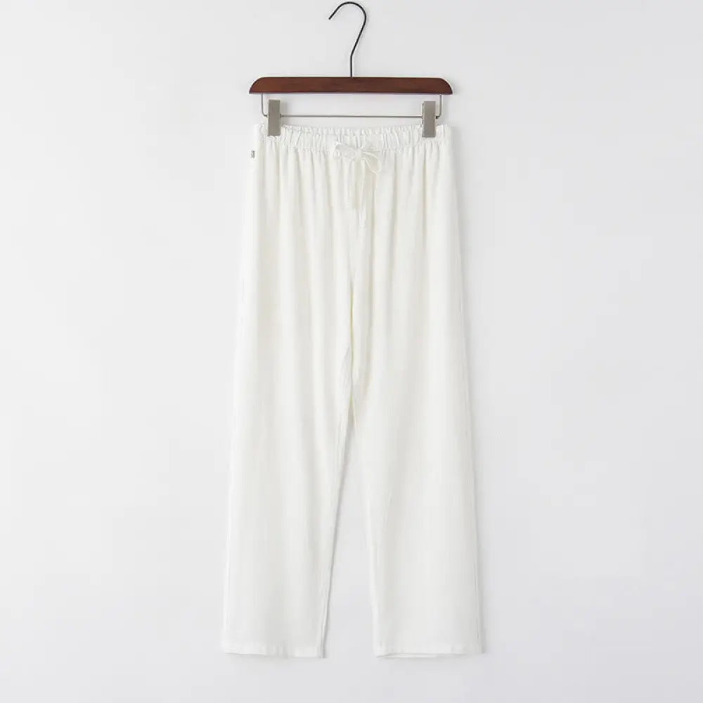 Buddha Stones Spring Summer Solid Men’s Drawstring Linen Pants With Pockets - White / US/UK/AU36，EU46 (L) - Men’s Pants