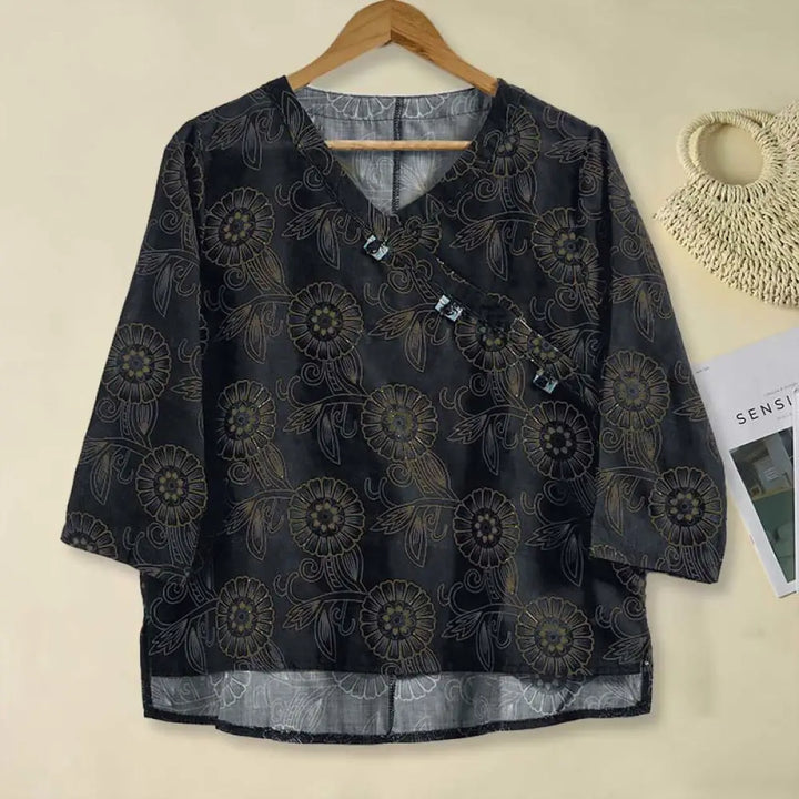 Buddha Stones Spring V-Neck Printed Floral Pattern Women’s Long Sleeve Shirt - Black / US4，UK/AU8，EU36 (L) - Women’s