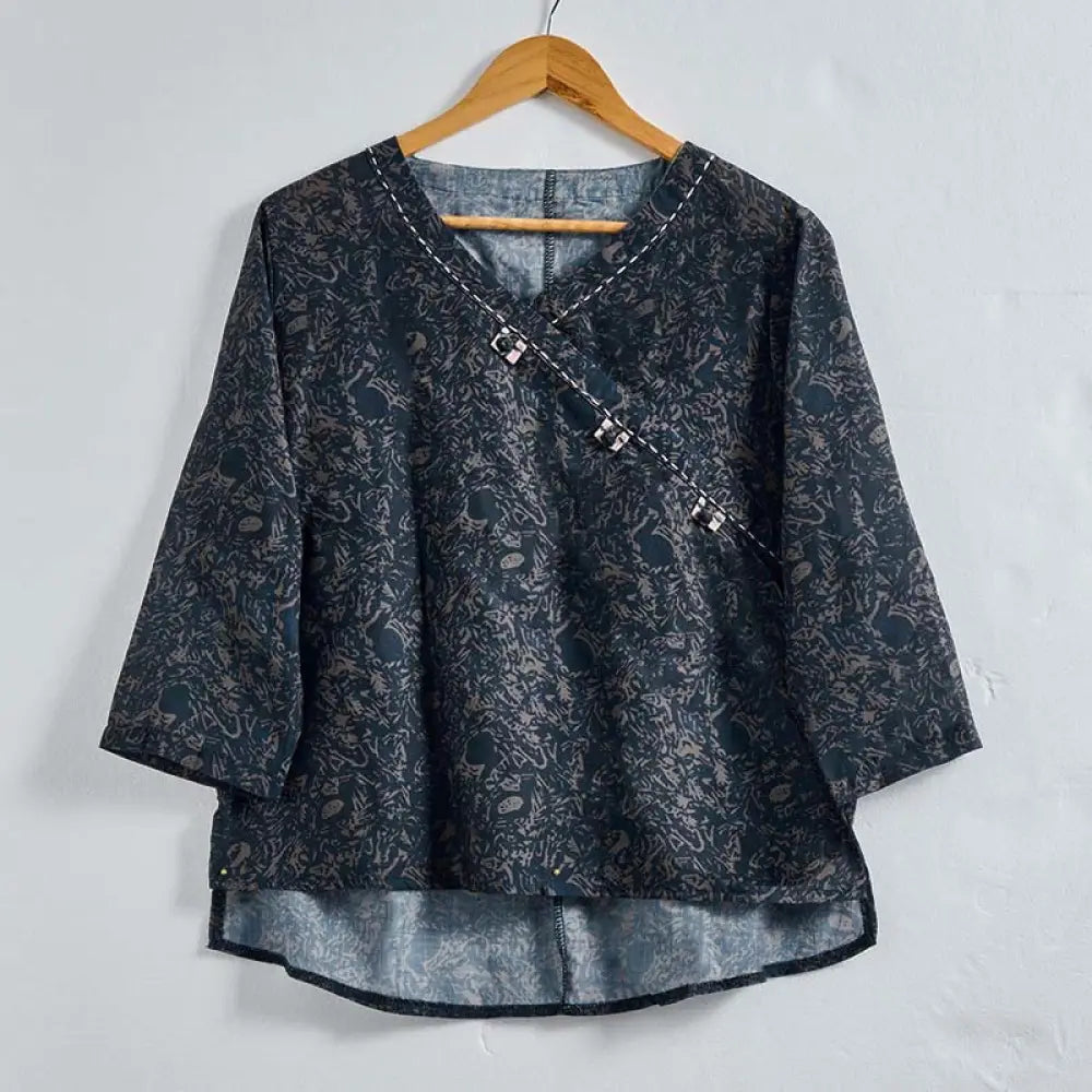 Buddha Stones Spring V-Neck Printed Floral Pattern Women’s Long Sleeve Shirt - DarkSlateGray / US4，UK/AU8，EU36 (L)