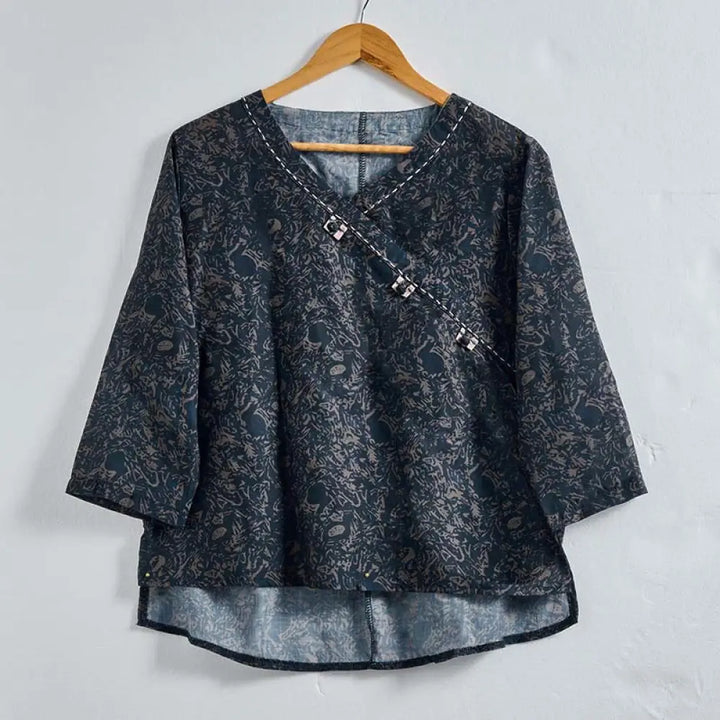 Buddha Stones Spring V-Neck Printed Floral Pattern Women’s Long Sleeve Shirt - DarkSlateGray / US4，UK/AU8，EU36 (L)