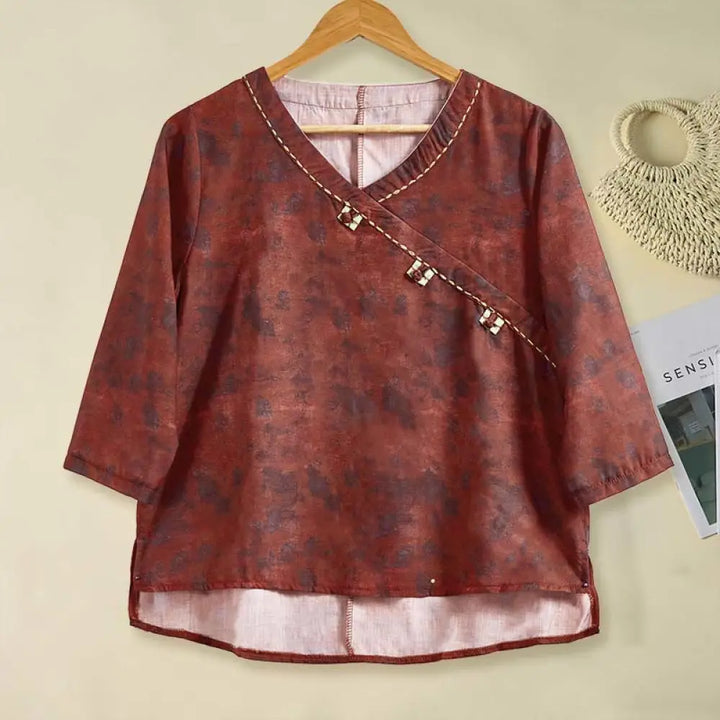 Buddha Stones Spring V-Neck Printed Floral Pattern Women’s Long Sleeve Shirt - FireBrick / US4，UK/AU8，EU36 (L)