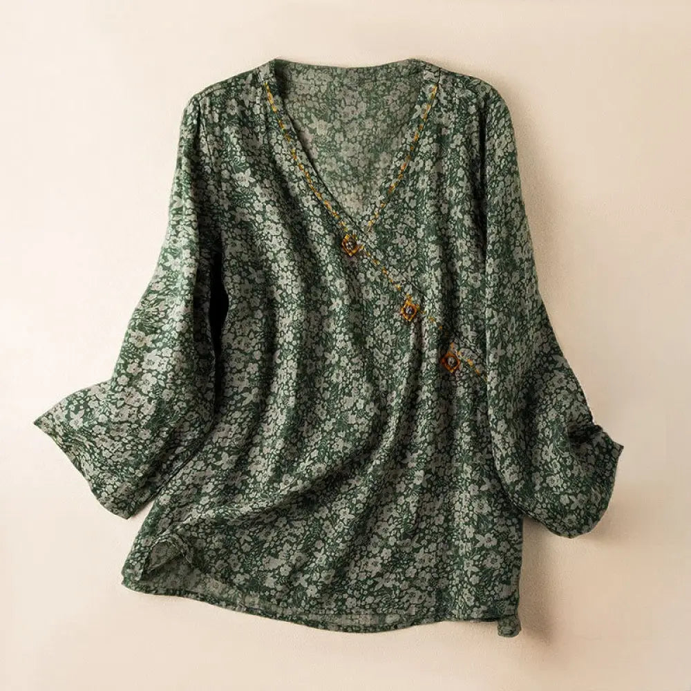 Buddha Stones Spring V-Neck Printed Floral Pattern Women’s Long Sleeve Shirt - SeaGreen / US4，UK/AU8，EU36 (L) - Women’s