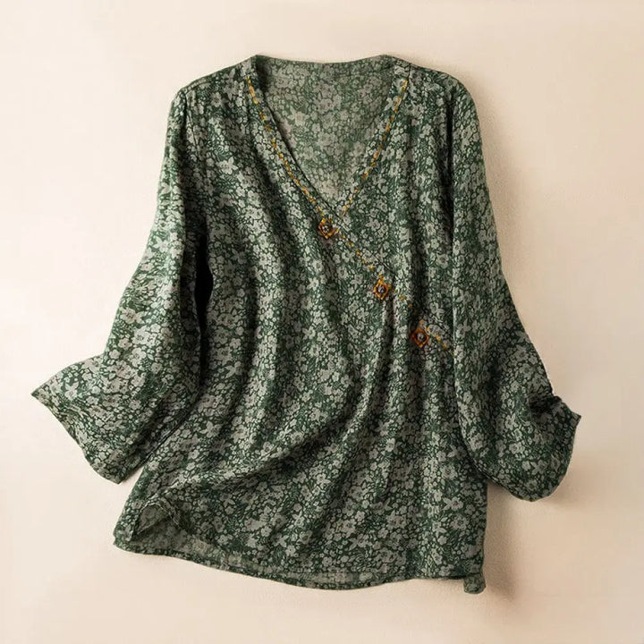 Buddha Stones Spring V-Neck Printed Floral Pattern Women’s Long Sleeve Shirt - SeaGreen / US4，UK/AU8，EU36 (L) - Women’s