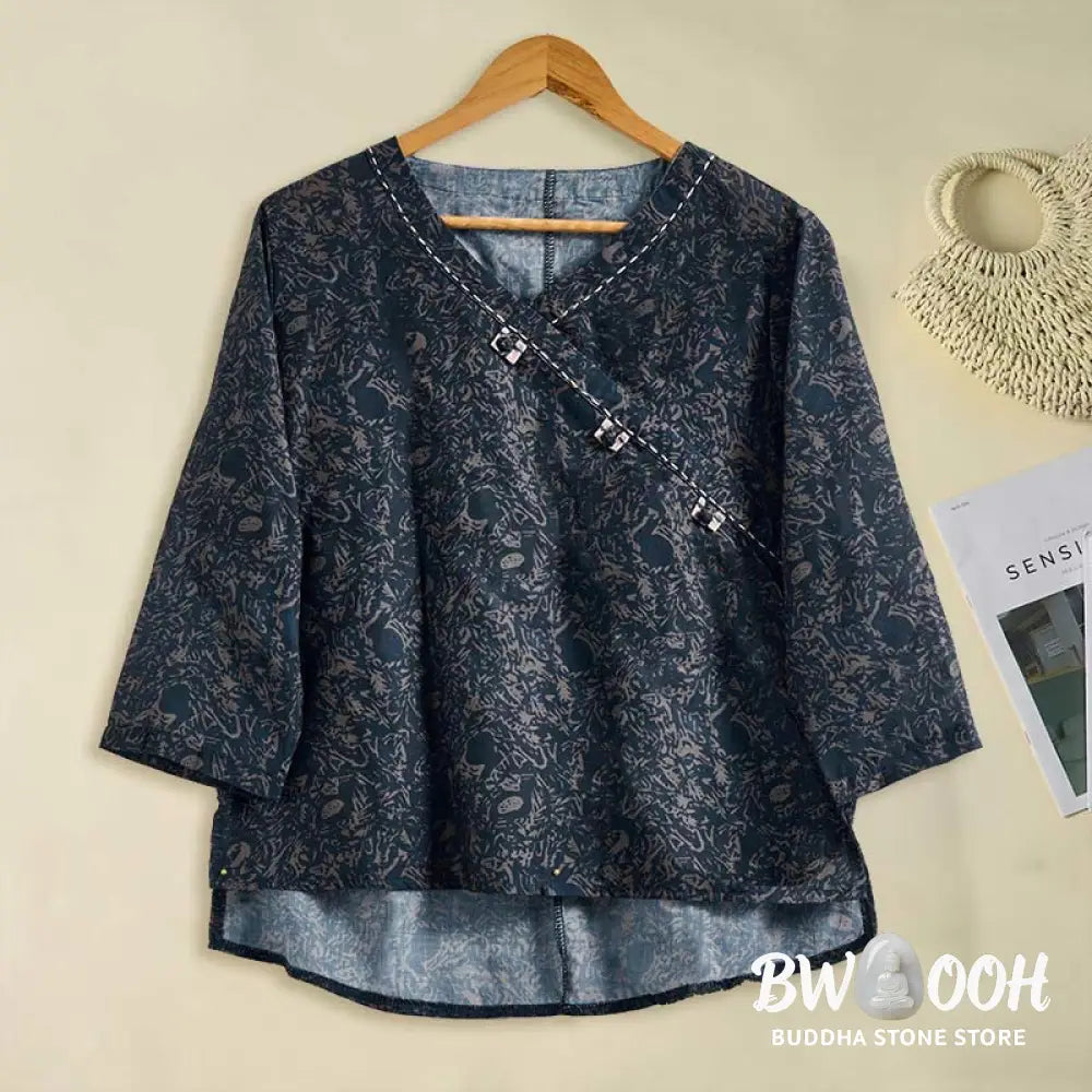 Buddha Stones Spring V-Neck Printed Floral Pattern Women’s Long Sleeve Shirt - Women’s Shirts
