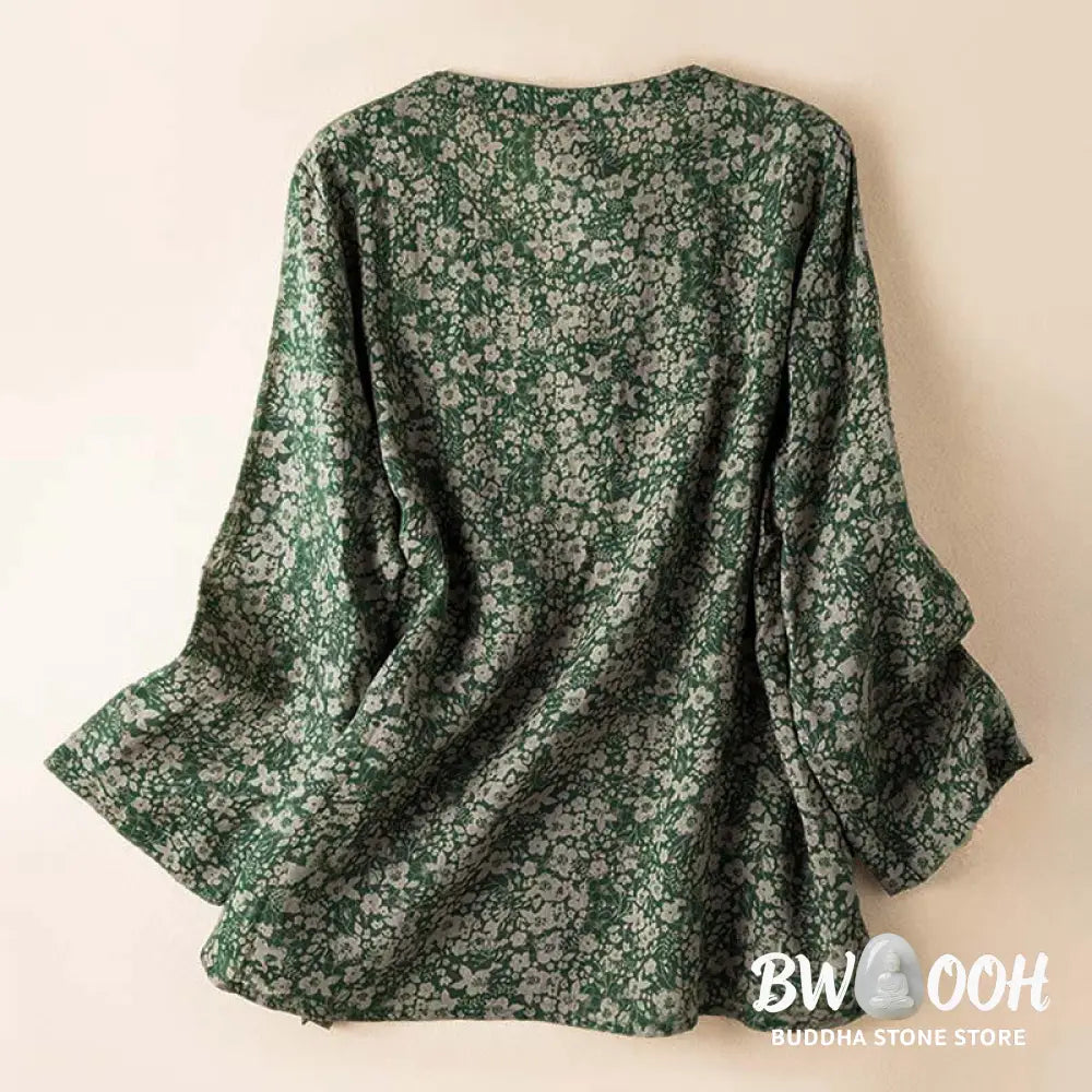 Buddha Stones Spring V-Neck Printed Floral Pattern Women’s Long Sleeve Shirt - Women’s Shirts