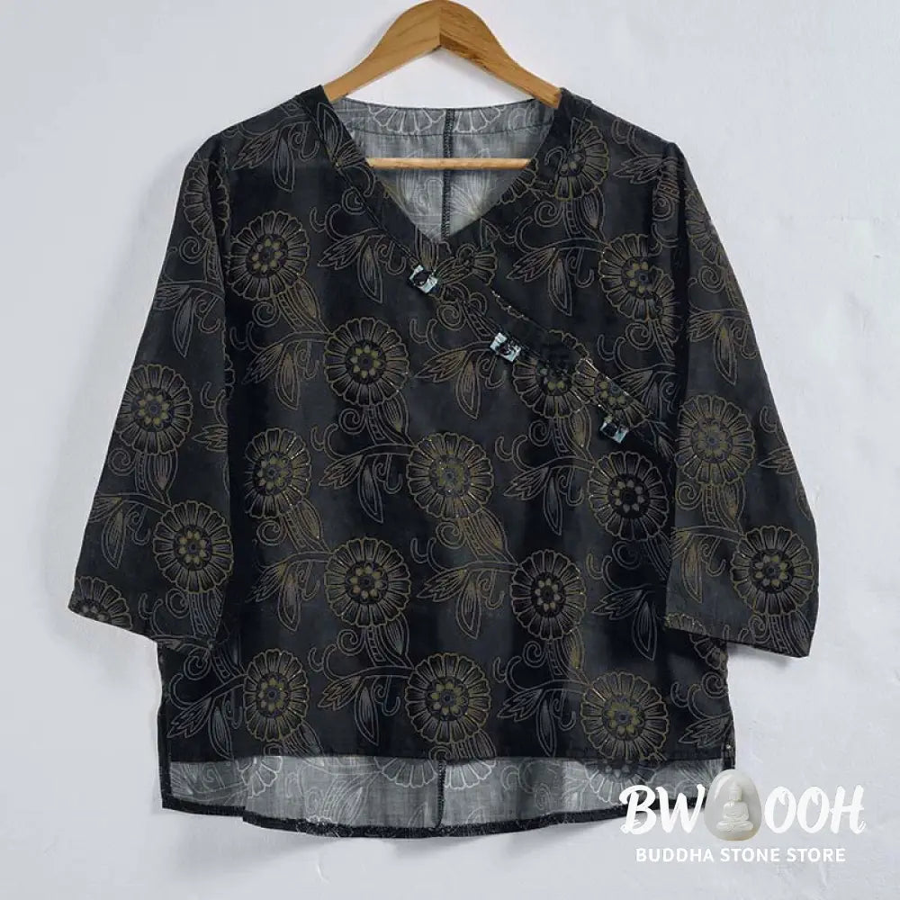 Buddha Stones Spring V-Neck Printed Floral Pattern Women’s Long Sleeve Shirt - Women’s Shirts
