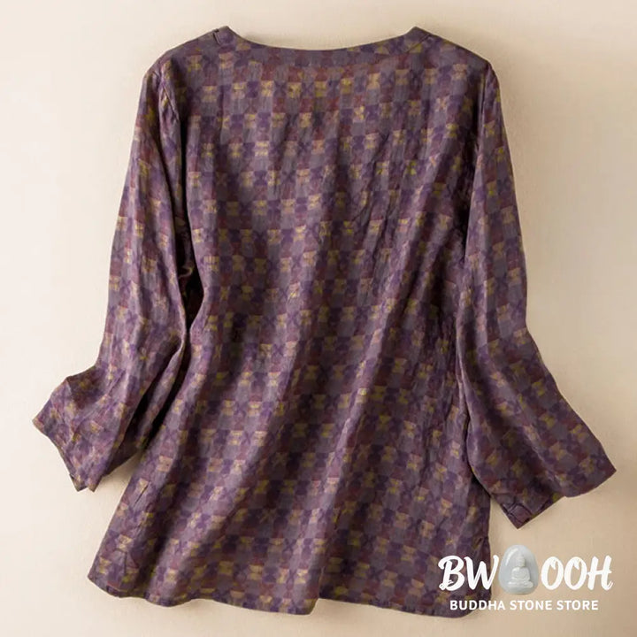 Buddha Stones Spring V-Neck Printed Floral Pattern Women’s Long Sleeve Shirt - Women’s Shirts