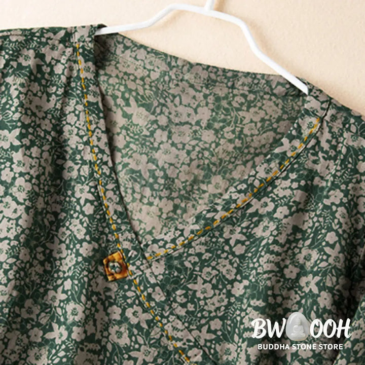 Buddha Stones Spring V-Neck Printed Floral Pattern Women’s Long Sleeve Shirt - Women’s Shirts