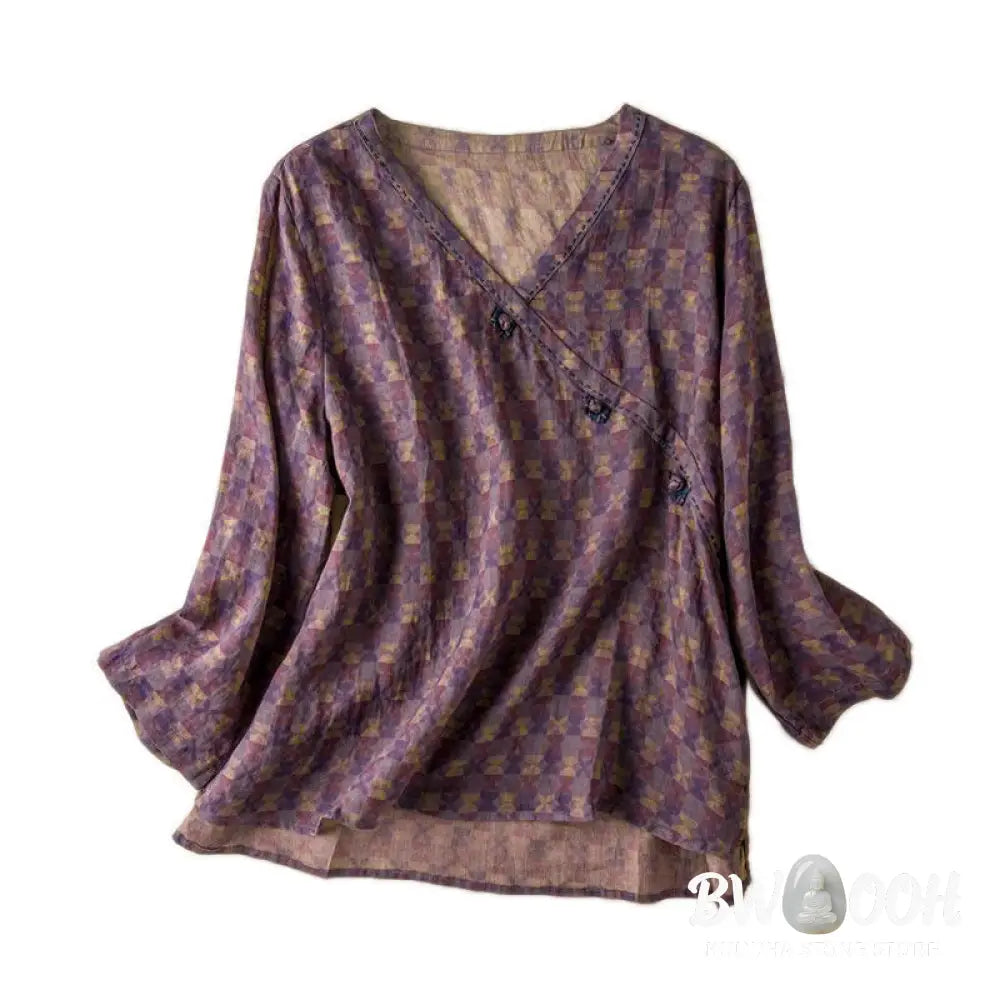 Buddha Stones Spring V-Neck Printed Floral Pattern Women’s Long Sleeve Shirt - Women’s Shirts