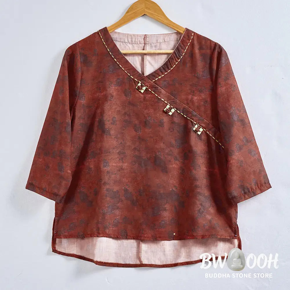 Buddha Stones Spring V-Neck Printed Floral Pattern Women’s Long Sleeve Shirt - Women’s Shirts