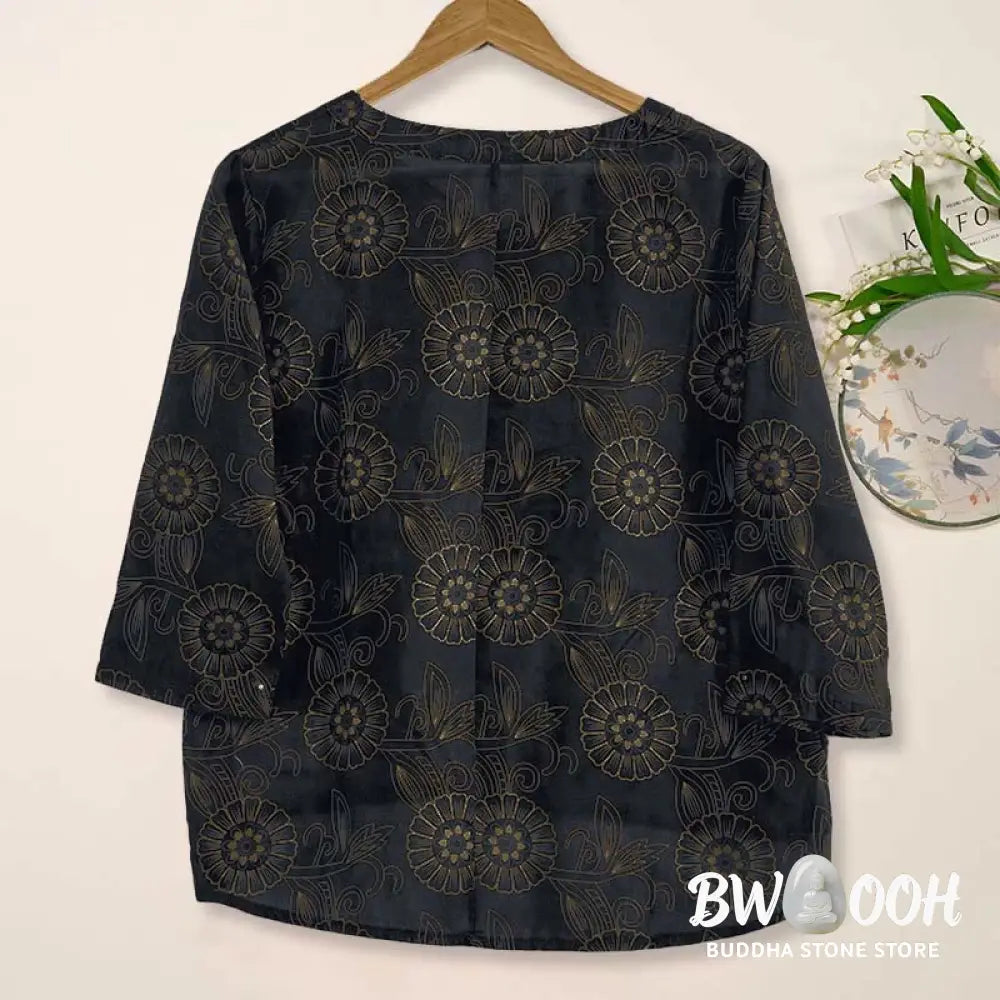 Buddha Stones Spring V-Neck Printed Floral Pattern Women’s Long Sleeve Shirt - Women’s Shirts