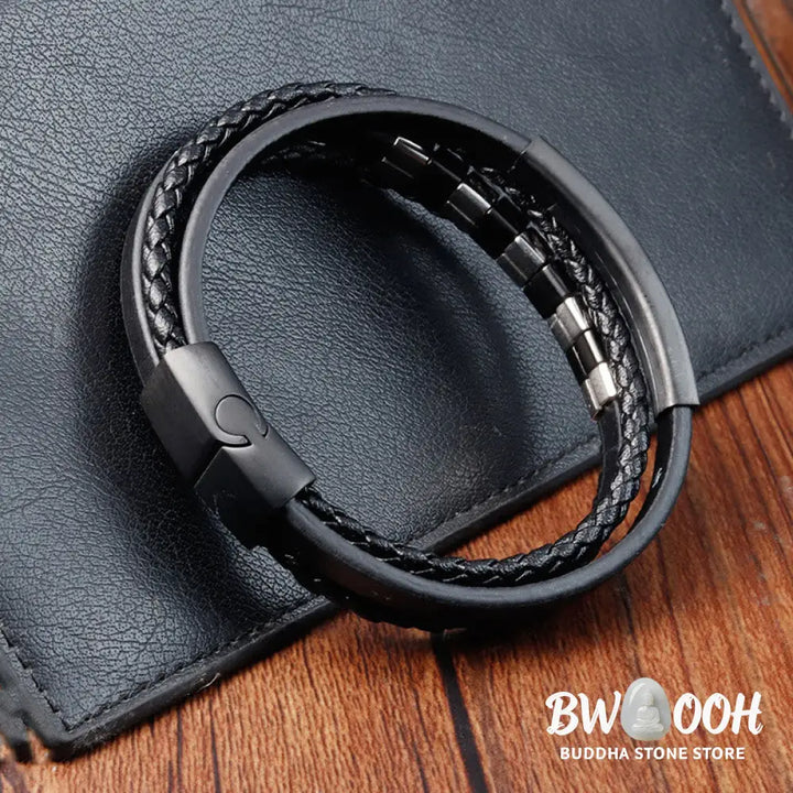 Buddha Stones Square Titanium Steel Leather Multi-layer Buckle Calm Bracelet - BWOOOH - Bracelet