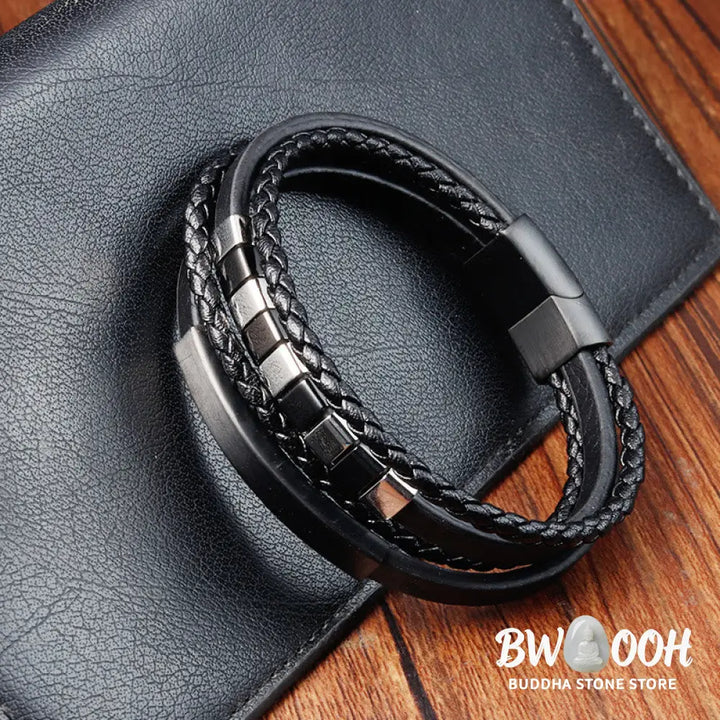 Buddha Stones Square Titanium Steel Leather Multi-layer Buckle Calm Bracelet - BWOOOH - Bracelet