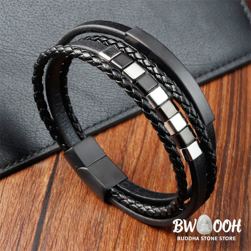 Buddha Stones Square Titanium Steel Leather Multi-layer Buckle Calm Bracelet - BWOOOH - Bracelet