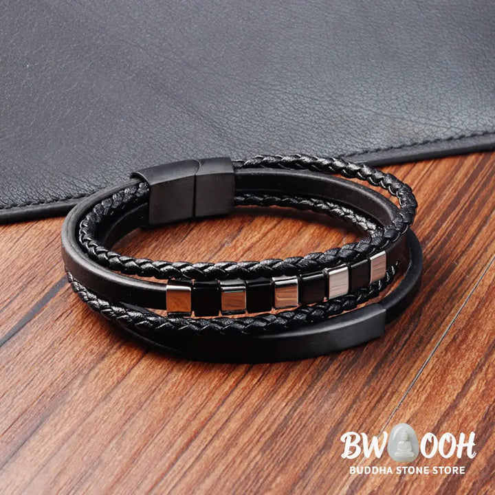 Buddha Stones Square Titanium Steel Leather Multi-layer Buckle Calm Bracelet - BWOOOH - Bracelet