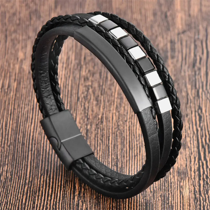 BWOOOH Square Titanium Steel Leather Multi-layer Buckle Calm Bracelet — natural stone crystal healing bracelet for spiritu...