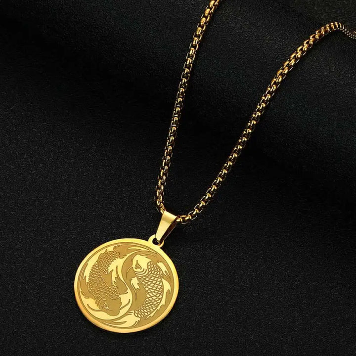 Buddha Stones Stainless Steel Double Koi Fish Success Necklace Pendant - BWOOOH - Gold (Diameter: Approx 2.5cm)