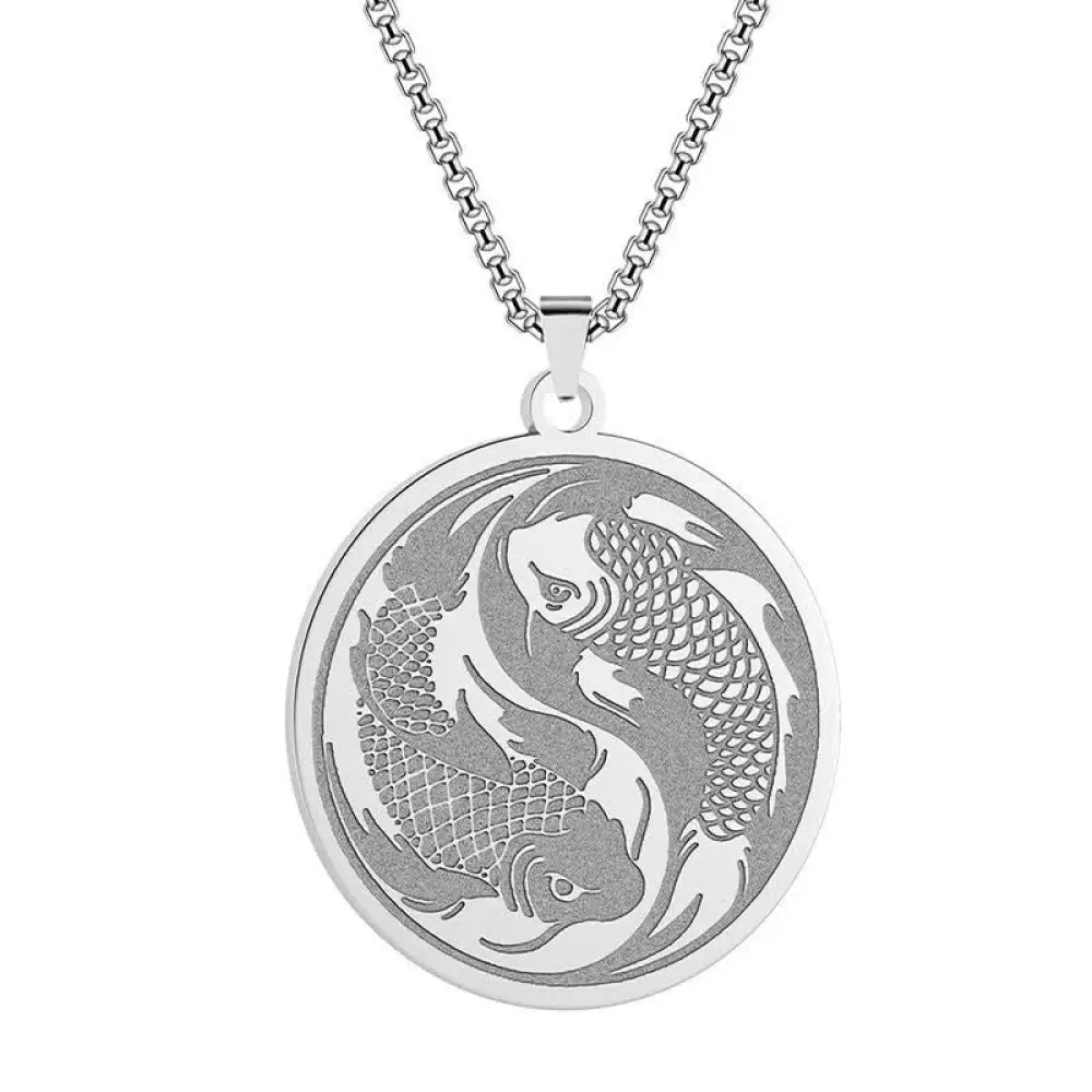 Buddha Stones Stainless Steel Double Koi Fish Success Necklace Pendant - BWOOOH - Silver (Diameter: Approx 2.5cm)