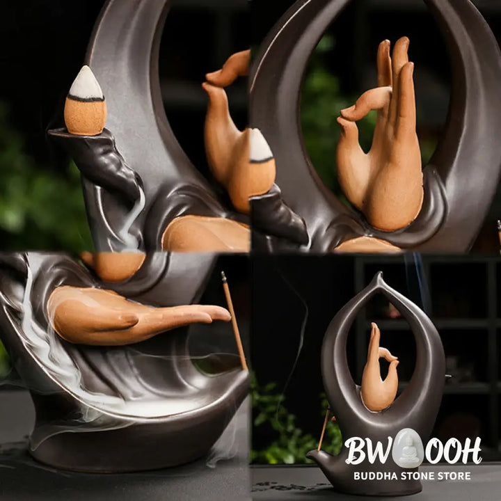 BWOOOH ceramic backflow incense burner - Stairs Mountains Water Buddha Hand 