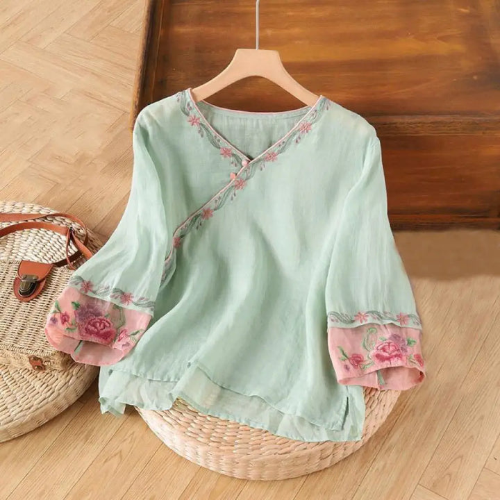 Buddha Stones Stand Collar Embroidery Button Design Three Quarter Sleeve Women’s Shirt - Honeydew / US2，UK/AU6，EU34 (L)