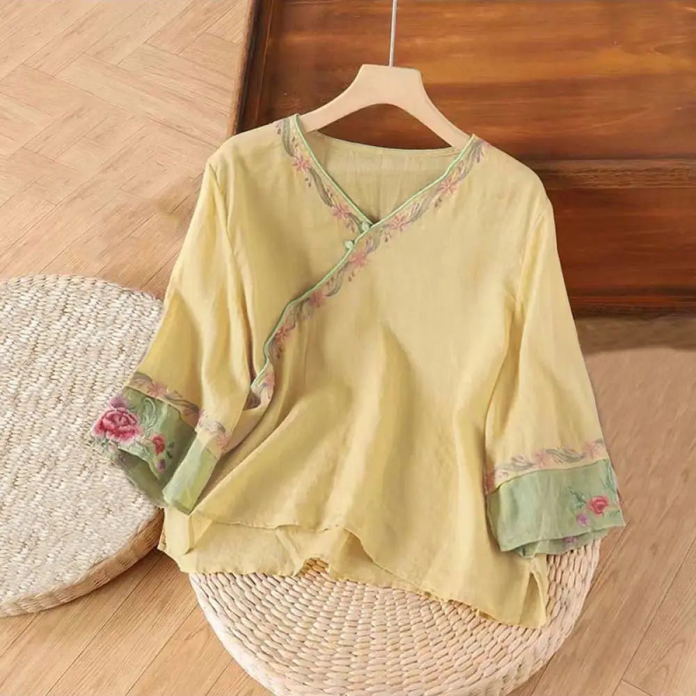 Buddha Stones Stand Collar Embroidery Button Design Three Quarter Sleeve Women’s Shirt - Khaki / US2，UK/AU6，EU34 (L)
