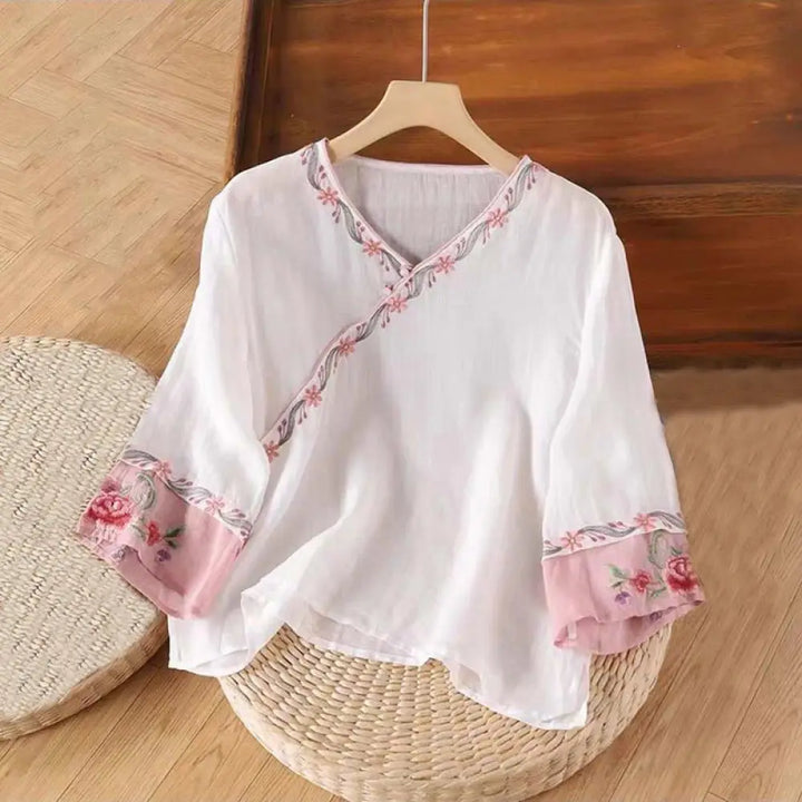 Buddha Stones Stand Collar Embroidery Button Design Three Quarter Sleeve Women’s Shirt - LavenderBlush