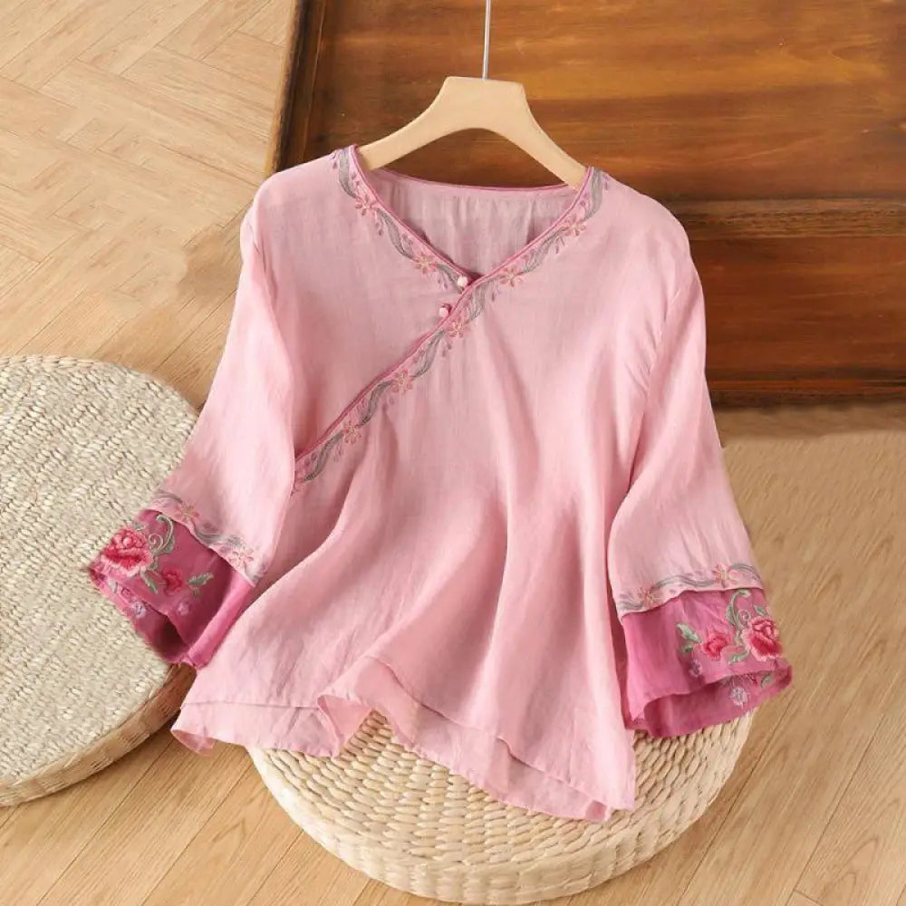 Buddha Stones Stand Collar Embroidery Button Design Three Quarter Sleeve Women’s Shirt - LightPink / US2，UK/AU6，EU34