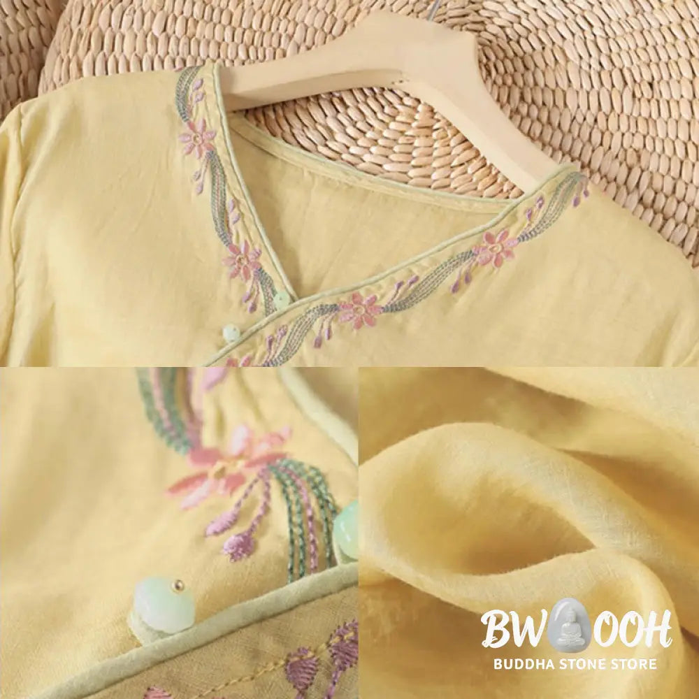 Buddha Stones Stand Collar Embroidery Button Design Three Quarter Sleeve Women’s Shirt - Women’s Shirts