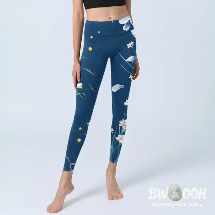 BWOOOH printed yoga leggings - SteelBlue Small White Flowers Butterfly 