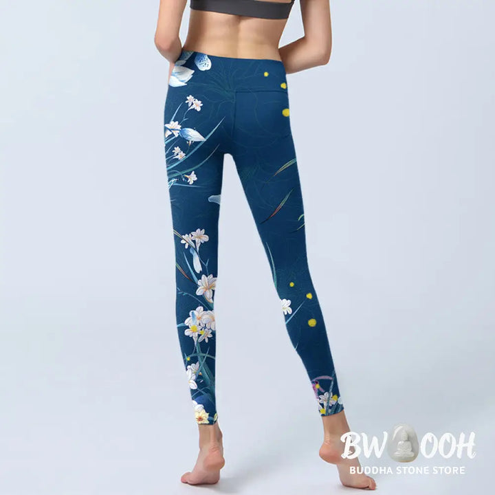 BWOOOH printed yoga leggings - SteelBlue Small White Flowers Butterfly 